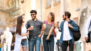 Stock Video Group Of Friends Walk On Street With Coffee Live Wallpaper For PC