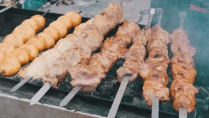 Stock Video Grilled Meat And Mushroom Skewers Close Up Live Wallpaper For PC