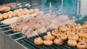 Stock Video Grilled Meat And Mushroom Skewers Live Wallpaper For PC