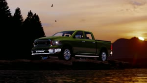 Stock Video Green Pickup Near A River At Sunset Live Wallpaper For PC