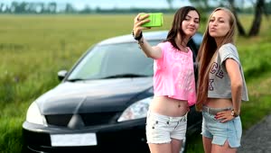 Stock Video Friends Taking Selfies With Parked On A Road Live Wallpaper For PC