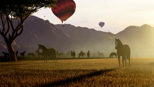 Stock Video Hot Air Balloons Over Wild Horses In Nature Animated Wallpaper