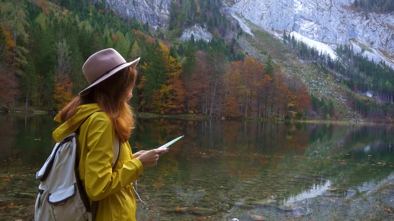 Download Stock Video Hiking Woman Looking At Map At The Lake Shore Animated Wallpaper