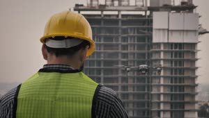 Stock Video Man In Hard Hat Watching Drone Fly Animated Wallpaper