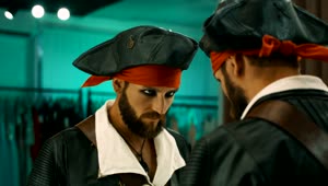 Stock Video Man In A Pirate Costume Grimacing To The Mirror Animated Wallpaper