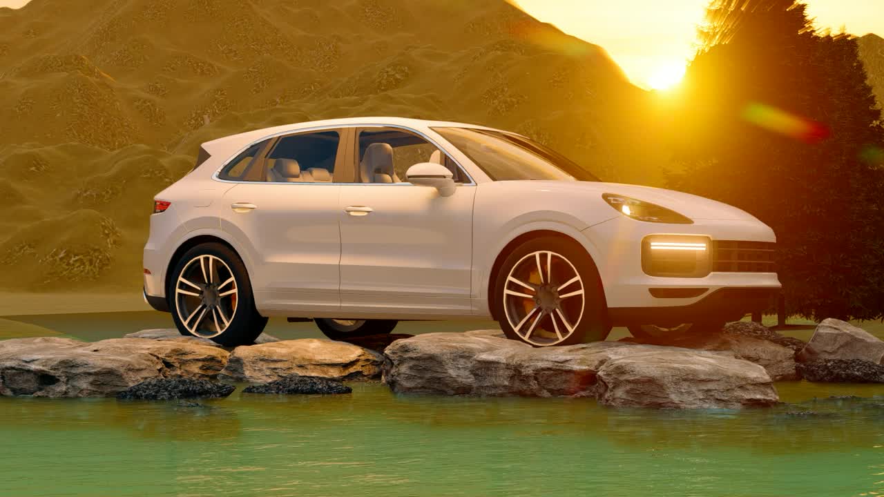 Download Stock Video Luxury Vehicle On Rocks In A Lake Animated Wallpaper