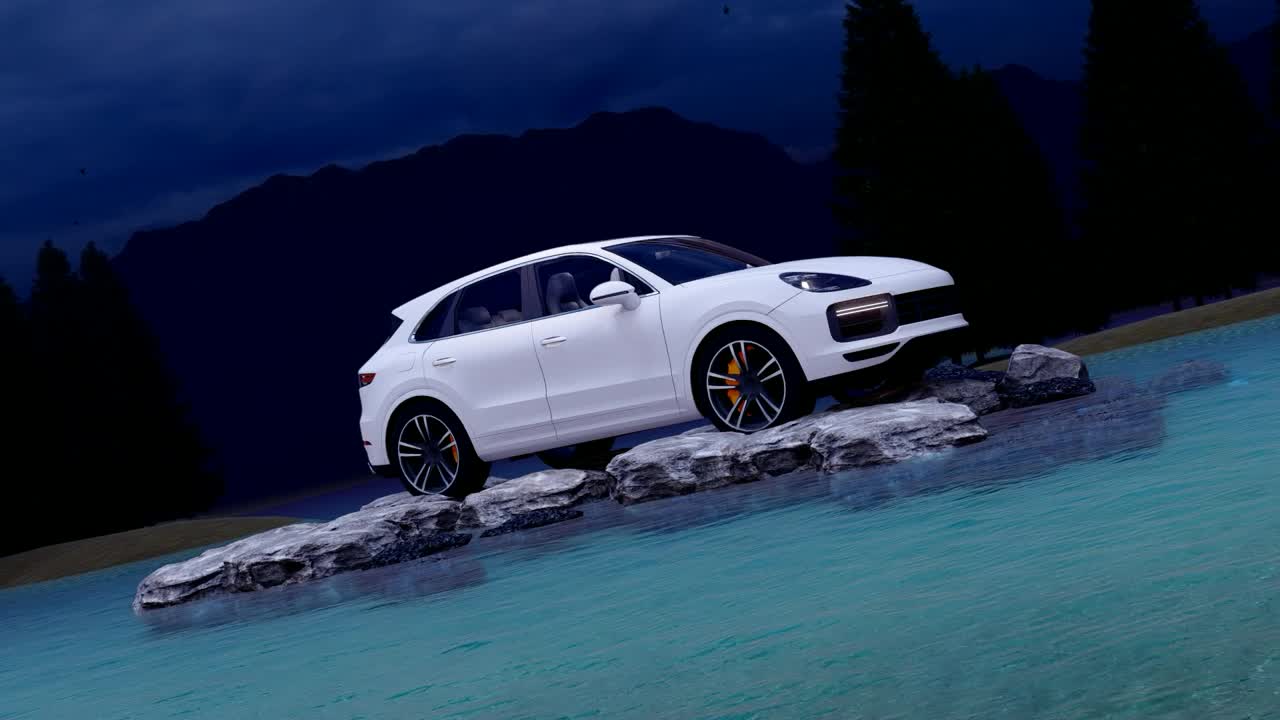Download Stock Video Luxury Vehicle Parked On Rocks In A Lake Animated Wallpaper