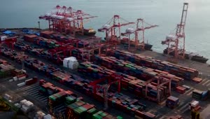 Stock Video Large Container Area On A Cargo Ship Shoreline Aerial View Smal Animated Wallpaper