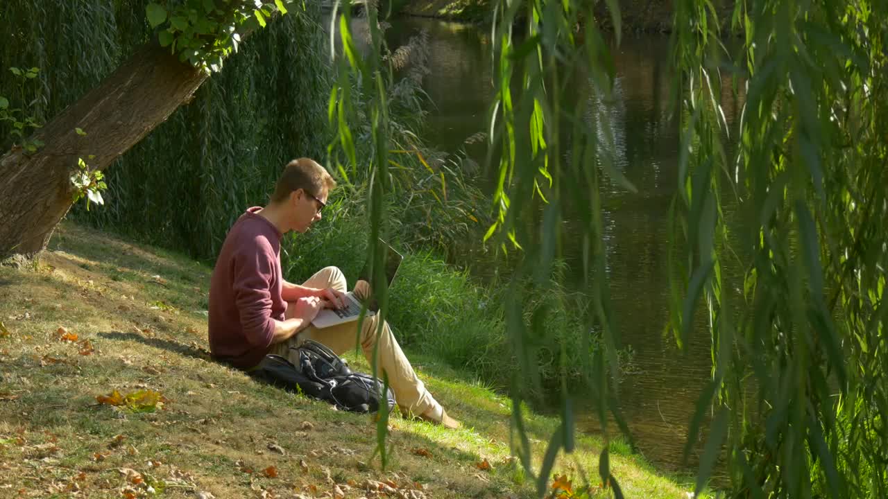 Download Stock Video Man With Laptop Thinking In The River Shor Animated Wallpaper