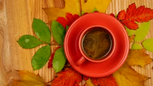 Stock Video Orange Colored Cup With Coffee With Autumn Leaves In The Live Wallpaper