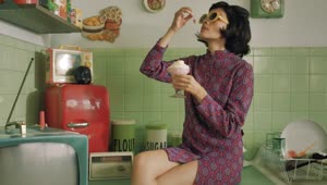 Free Stock Video Retro Woman Eating An Ice Cream In The Kitchen Live Wallpaper