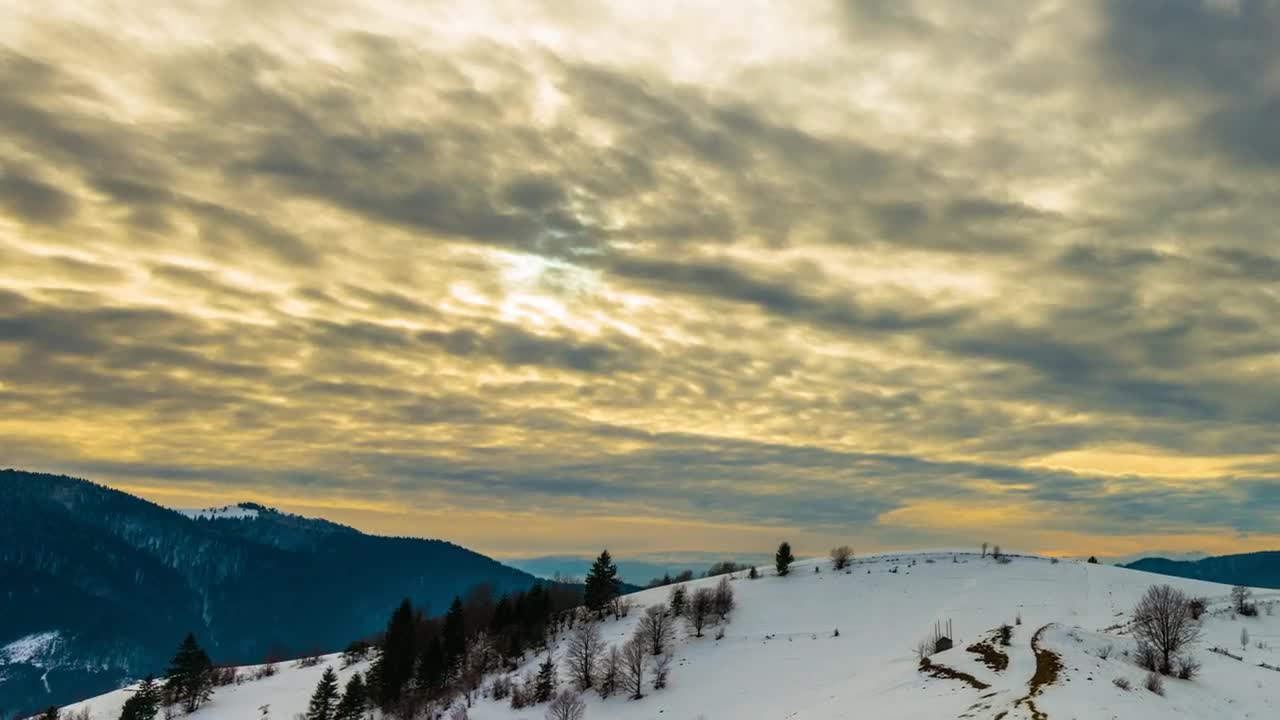 Download Free Video Stock sunset over a cloudy sky in a winter forest time lapse Live Wallpaper