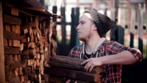 Free Stock Video Young Lumberjack Arranging Logs In A Pile Live Wallpaper
