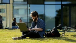   Stock Footage University Student Sitting Outside With Laptop On Grass Live Wallpaper