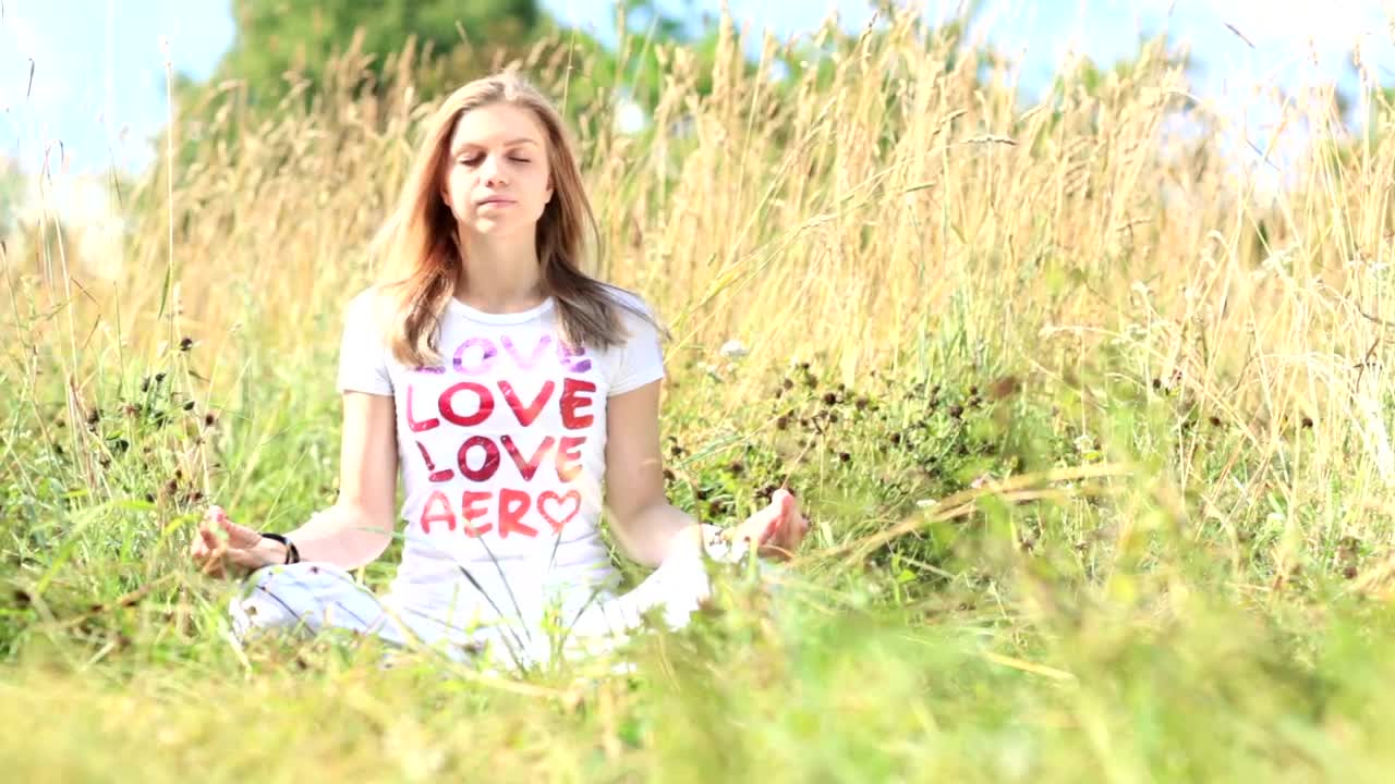 Download Stock Footage Young Woman Meditating In A Field Live Wallpaper Free