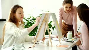 Stock Footage Women Painting On Canvas In A Class Live Wallpaper Free