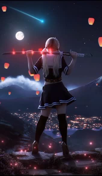 iPhone and Android Cool Anime Samurai Girl In Night Live Phone Wallpaper