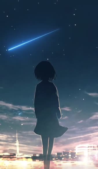 Anime Girl And Falling Stars Scenery Live Phone Wallpaper to iPhone and Android