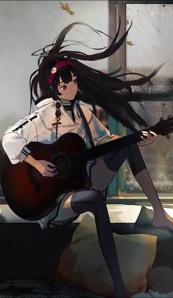 iPhone And Android Girl Playing Guitar While Its Raining Outside Live