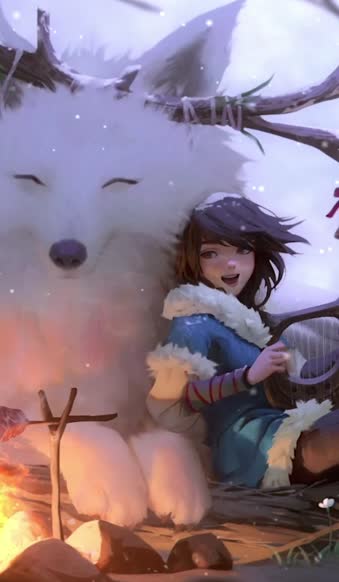 iPhone and Android Fantasy Harp Girl With Snow Fox Live Phone Wallpaper