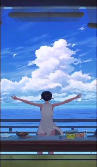 Anime Ocean Water With Blue Sky And Girl Live Wallpaper 