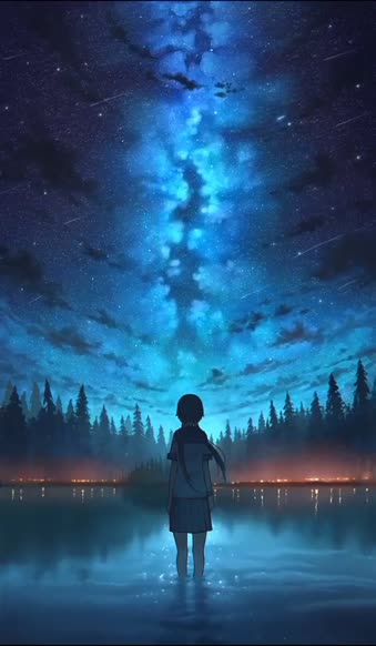 iOS iPhone  Android HD Anime Girl Sky Stars Falling Water Live Wallpaper 
