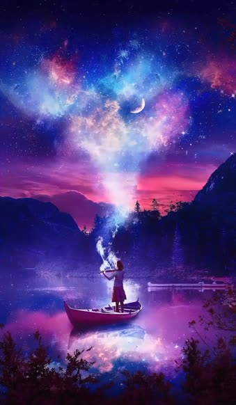 iOS iPhone  Android HD Girl Boat Playing Sky Mist Clouds Aesthetic Scenery Live Wallpaper
