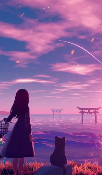 Live Phone Girl With Cat Looking Towards Sunset Anime Wallpaper For iPhone And Android