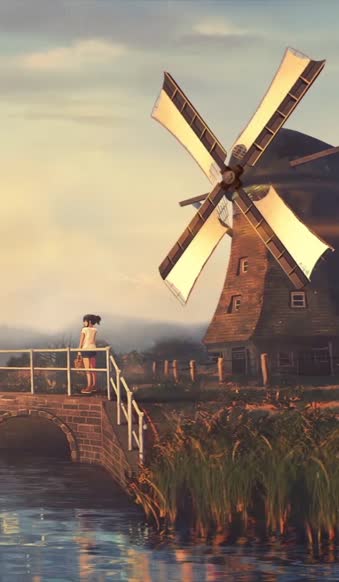 iPhone and Android Girl With Windmill Live Phone Wallpaper