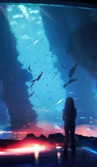 iPhone and Android Girl Looking At Fish In Aquarium Live Phone Wallpaper
