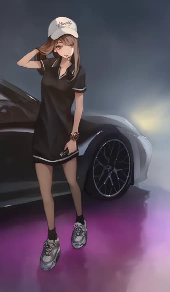 Iphone And Android Hd Anime Girl With Cigarette And Porsche Car Live Phone Wallpaper