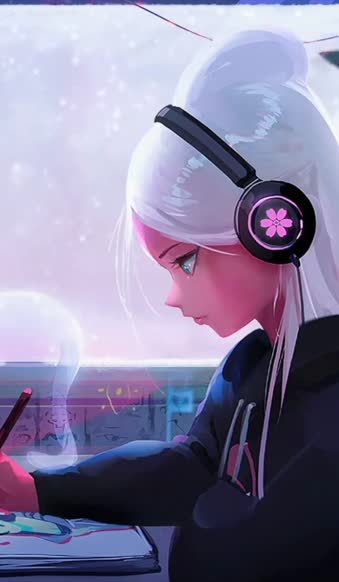 iPhone and Android Girl With Headphones Working In Room Live Phone Wallpaper