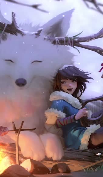Harp Girl With Pet Wolf For iPhone Wallpaper