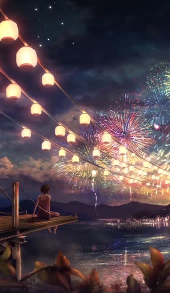 iPhone and Android Girl Watching Fireworks Live Phone Wallpaper