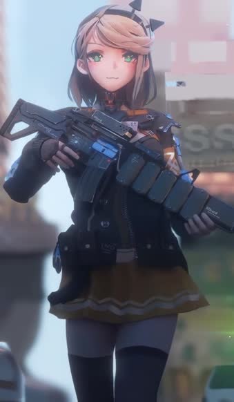 iPhone and Android Anime Girl Walking On The Street With A Gun Live