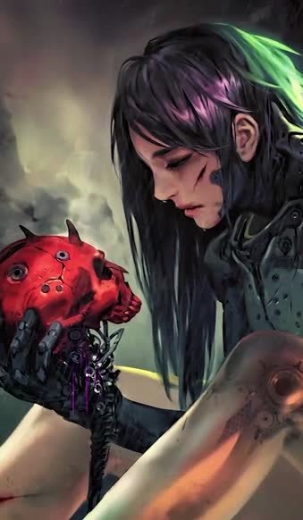 Cyborg Girl Red Skull For iPhone Wallpaper