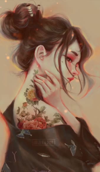 iPhone and Android Japanese Girl Flower Tattoo Live Phone Wallpaper