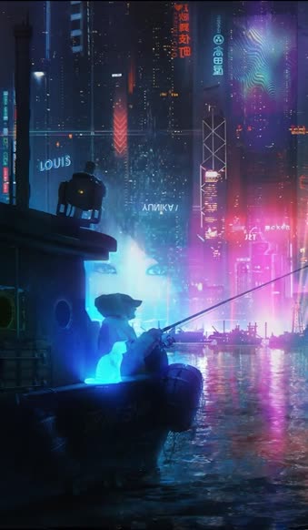 iPhone and Android Cyberpunk Night City Fishing Boats Phone Live Wallpaper