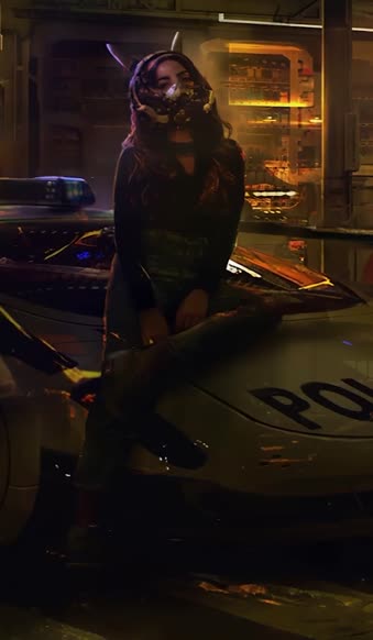 iPhone And Android Cyberpunk Girl Sitting On Police Car Neon Lights Phone Live Wallpaper