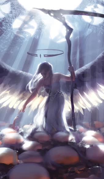 iPhone and Android Beautiful Angel Huge Wings With Scythe Phone Live Wallpaper