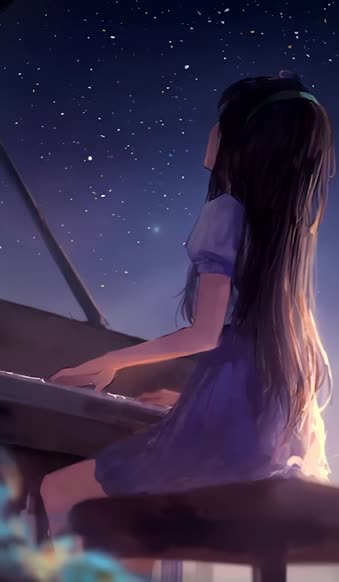 iPhone And Android Anime Girl Playing Piano Starry Night Sky With Fireworks Phone Live Wallpaper