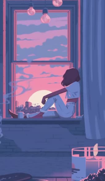 iPhone  Android Cozy Room Sunset Anime Girl Phone Live Wallpaper