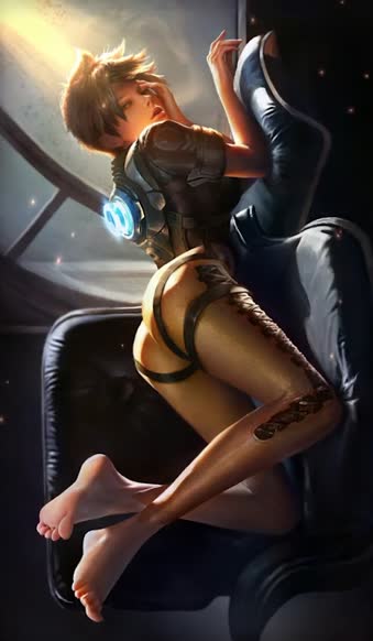 iPhone and Android Tracer Lying On Sofa Overwatch Phone Live Wallpaper
