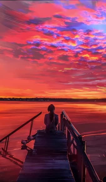 iPhone And Android Anime Girl Sitting On The Bridge Watching The Sunset Phone Live Wallpaper