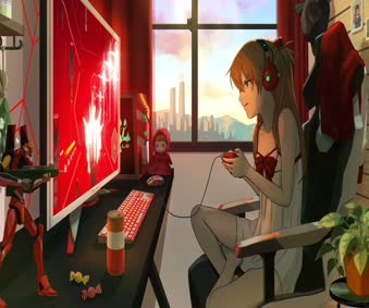 Asuka Playing Video Games Evangelion 3010 Thrice Upon A Time Live Wallpaper PC