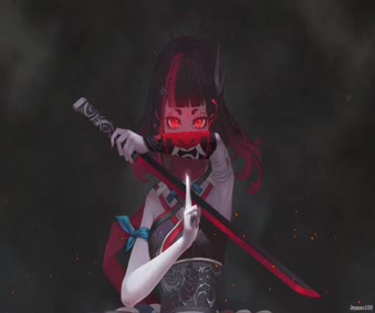 Samurai Girl And Oni Mask On Hand Anime Live Wallpaper