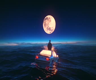 2K Alone In Sea Car Floating Sunrise Scenery Live Wallpaper