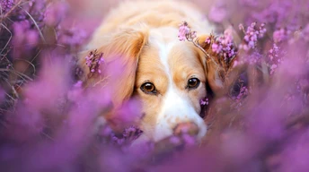 cute dog in flowers to wallpaper
