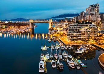 vancouver granville island canada night morning lights boats blue water sea travel