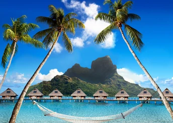 bora bora 5k 4k wallpaper french polynesia best beaches of 2017 best hotels of 2017 ocean palm trees mountains beach vacation rest travel booking palm trees hammock